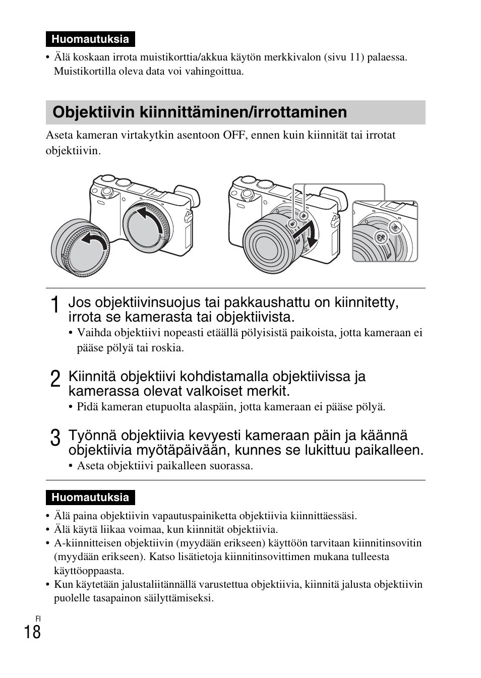 Objektiivin kiinnittäminen/irrottaminen | Sony ILCE-6000L User Manual | Page 432 / 519