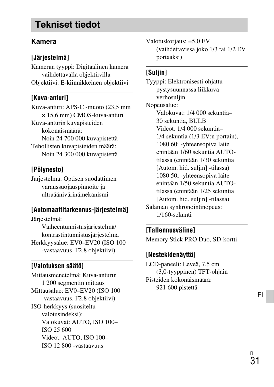 Tekniset tiedot | Sony ILCE-6000L User Manual | Page 445 / 519