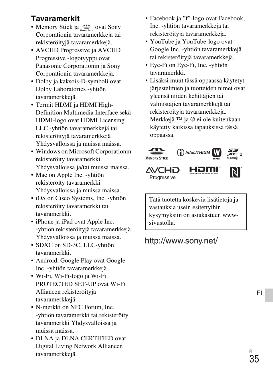 Tavaramerkit | Sony ILCE-6000L User Manual | Page 449 / 519