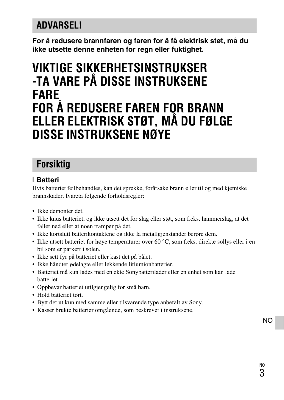 Advarsel! forsiktig | Sony ILCE-6000L User Manual | Page 451 / 519