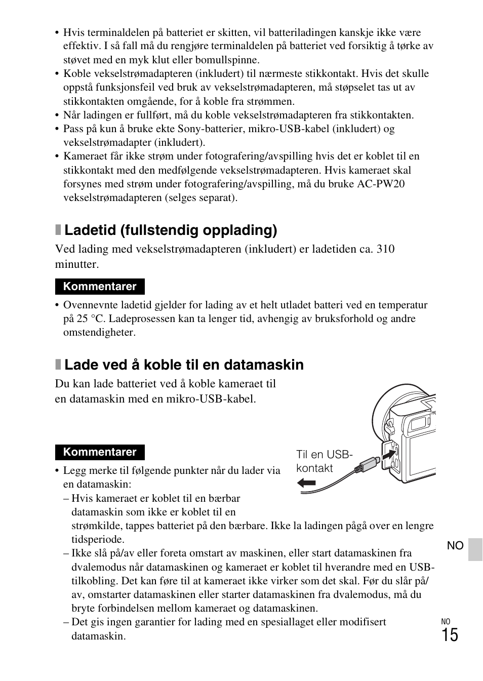 Xladetid (fullstendig opplading), Xlade ved å koble til en datamaskin | Sony ILCE-6000L User Manual | Page 463 / 519