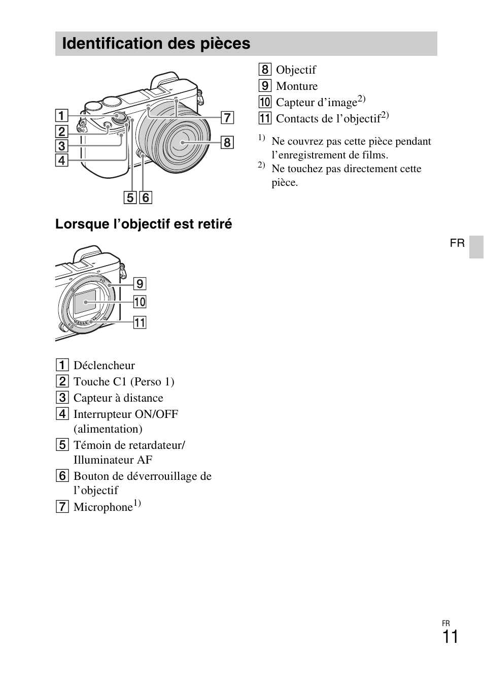 Identification des pièces, Lorsque l’objectif est retiré | Sony ILCE-6000L User Manual | Page 47 / 519