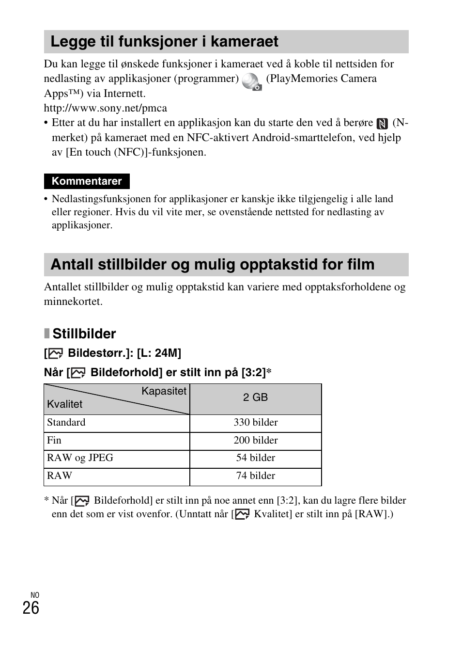 Legge til funksjoner i kameraet, Antall stillbilder og mulig opptakstid for film, Side 26 | Xstillbilder | Sony ILCE-6000L User Manual | Page 474 / 519