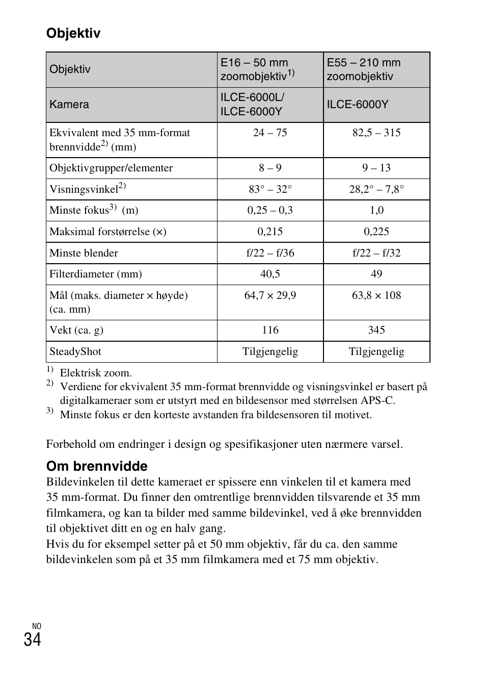 Objektiv, Om brennvidde | Sony ILCE-6000L User Manual | Page 482 / 519