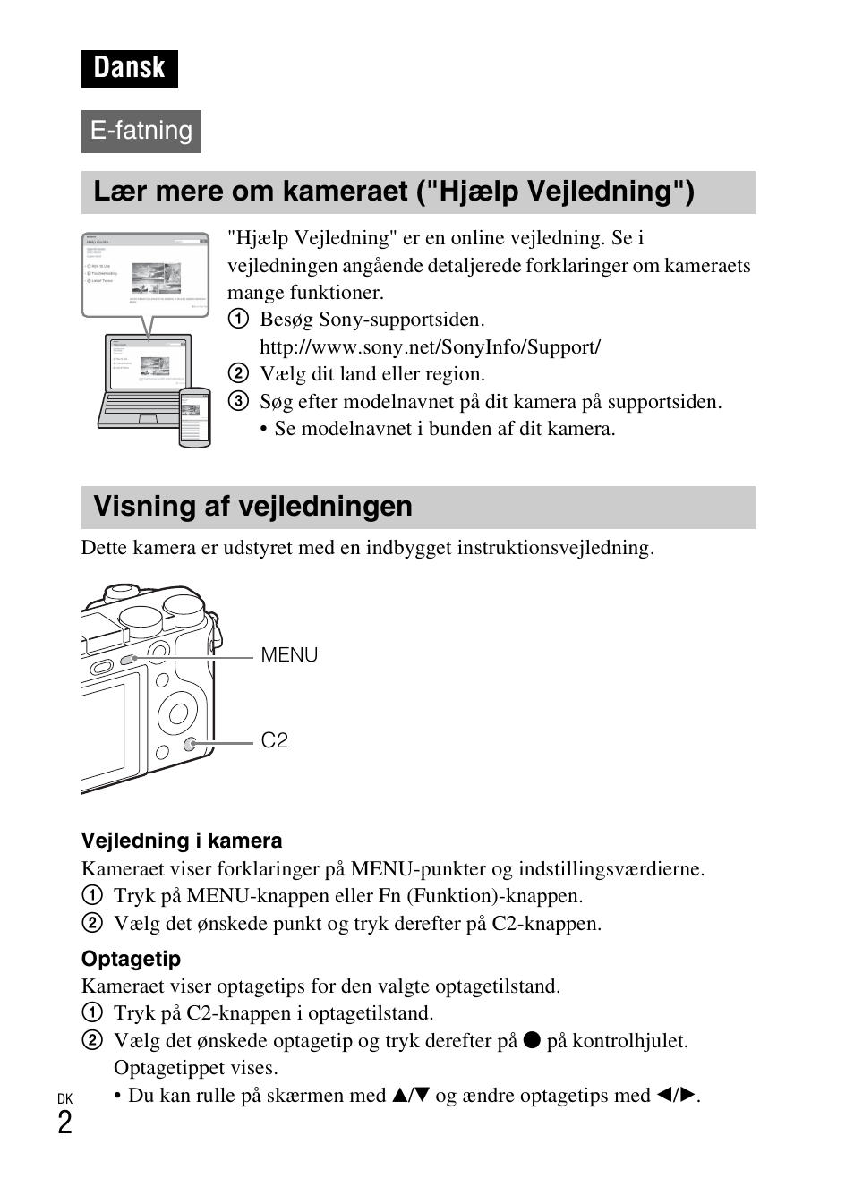 Dansk, Lær mere om kameraet ("hjælp vejledning"), Visning af vejledningen | E-fatning | Sony ILCE-6000L User Manual | Page 484 / 519