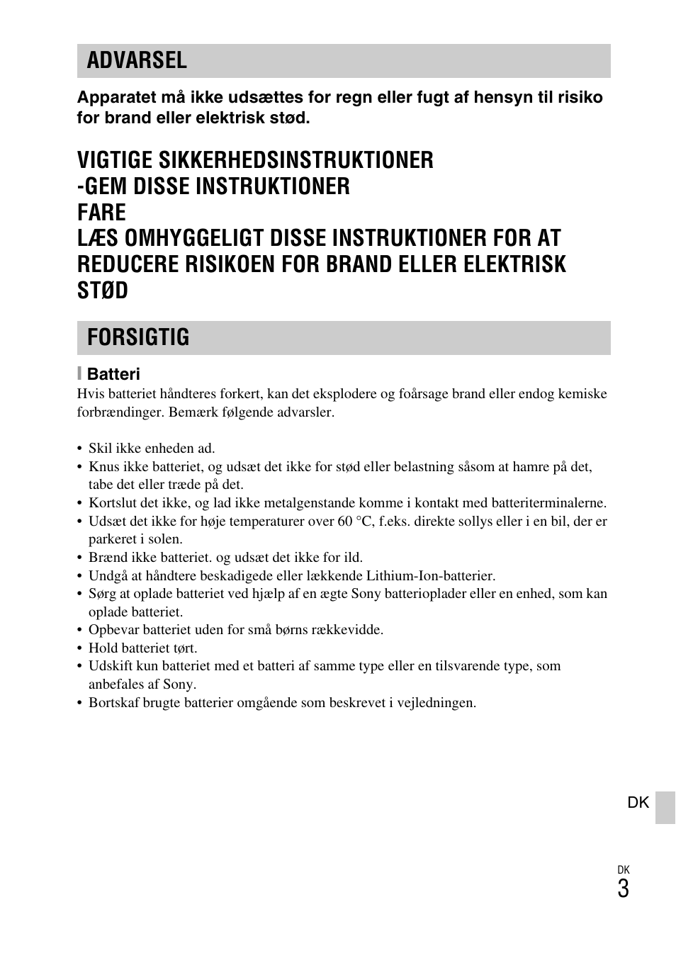 Advarsel forsigtig | Sony ILCE-6000L User Manual | Page 485 / 519