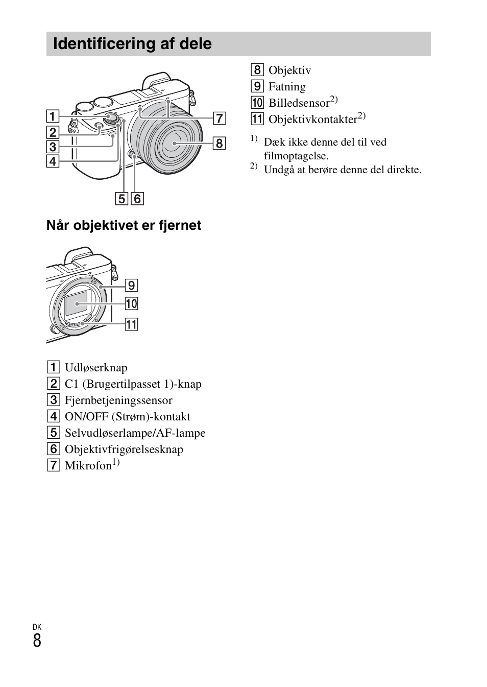 Identificering af dele, Når objektivet er fjernet | Sony ILCE-6000L User Manual | Page 490 / 519