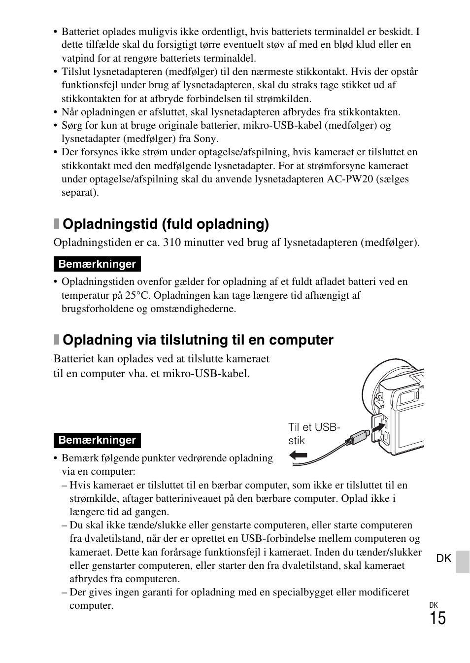 Xopladningstid (fuld opladning), Xopladning via tilslutning til en computer | Sony ILCE-6000L User Manual | Page 497 / 519