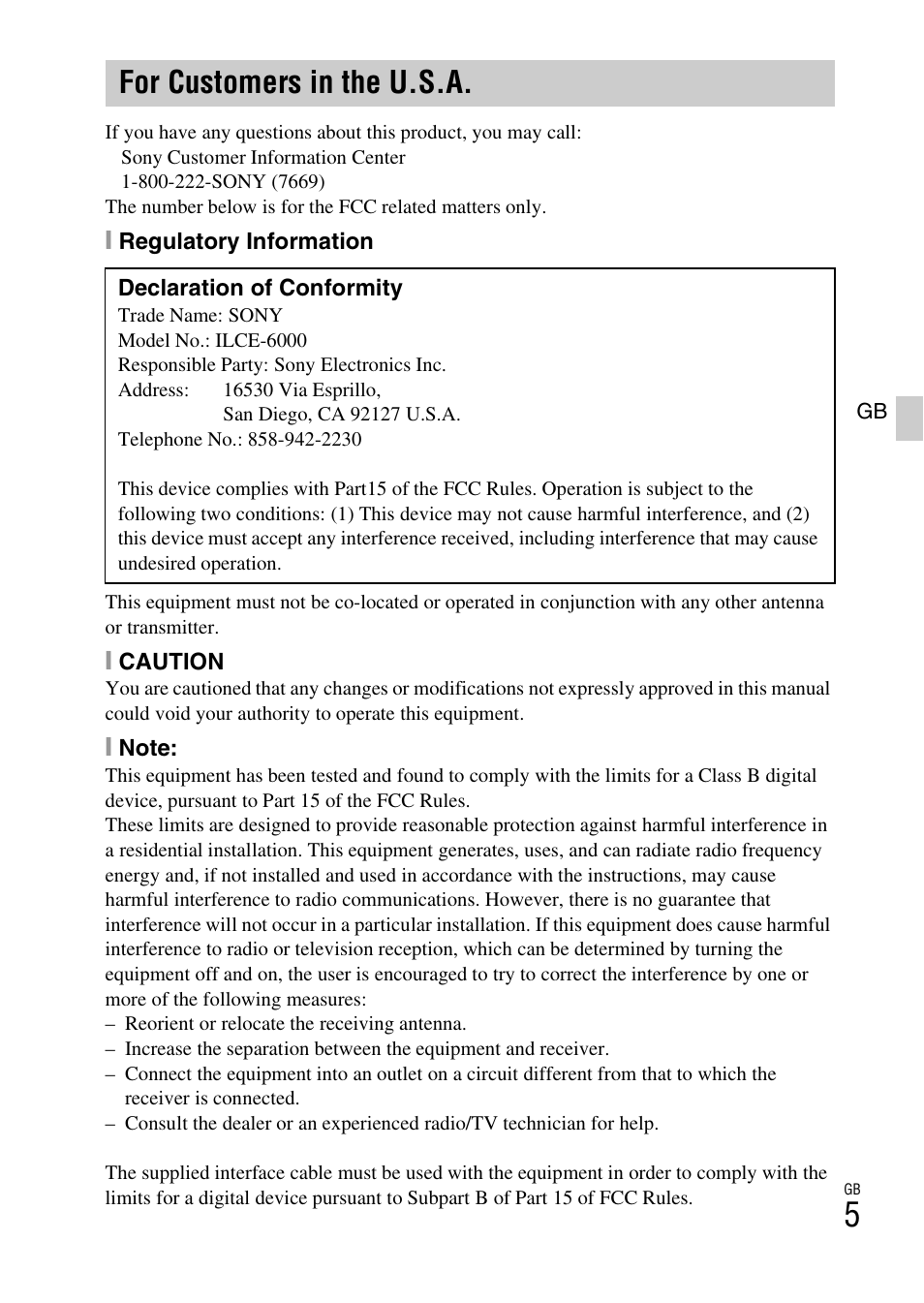 For customers in the u.s.a | Sony ILCE-6000L User Manual | Page 5 / 519
