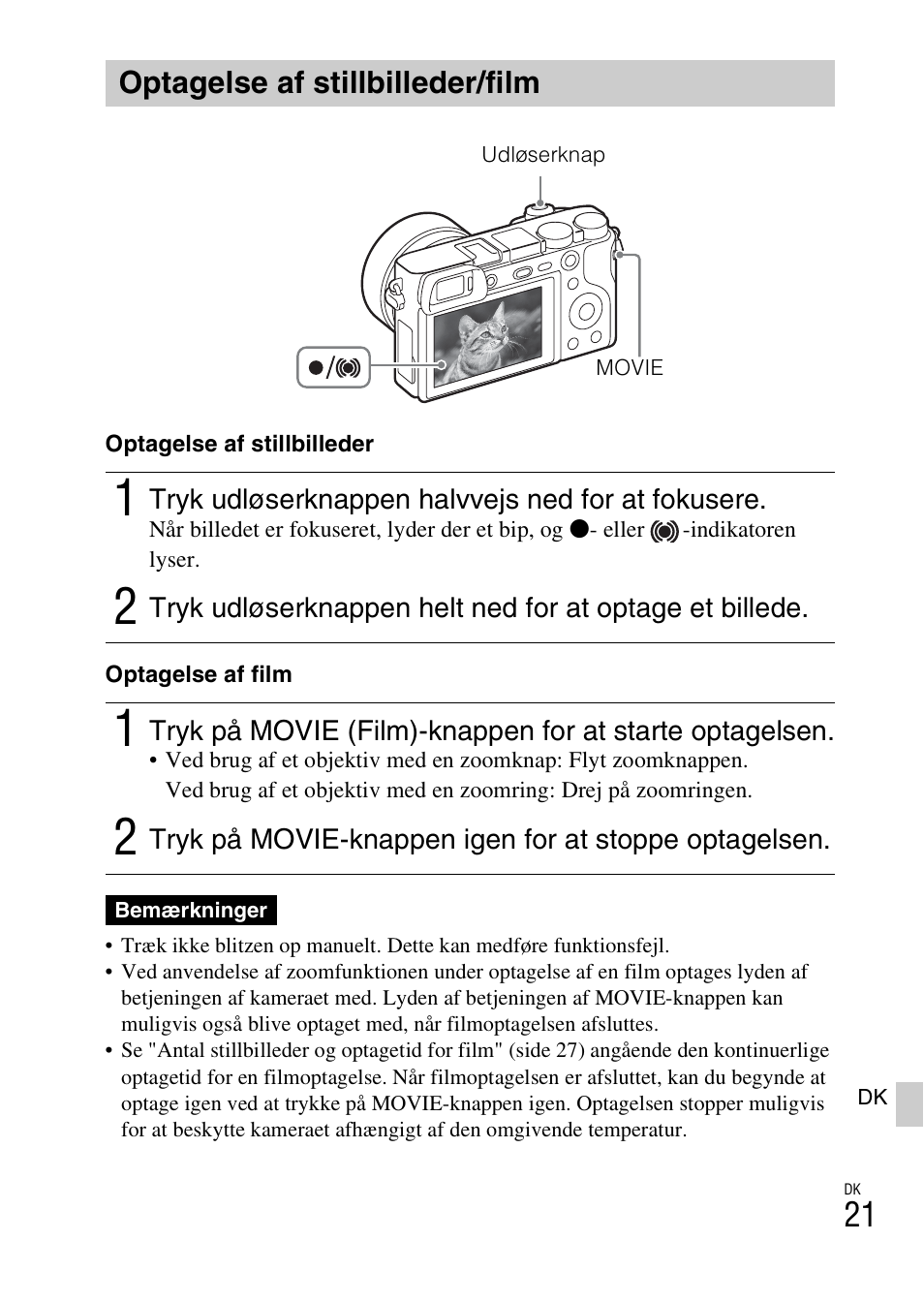 Optagelse af stillbilleder/film, Side 21 | Sony ILCE-6000L User Manual | Page 503 / 519