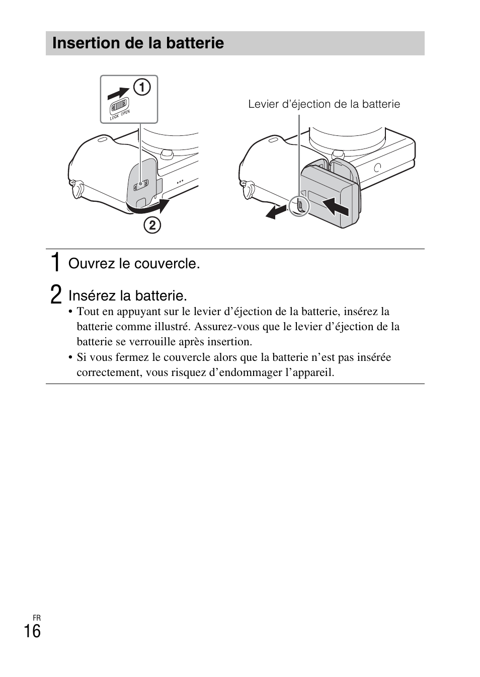 Insertion de la batterie | Sony ILCE-6000L User Manual | Page 52 / 519
