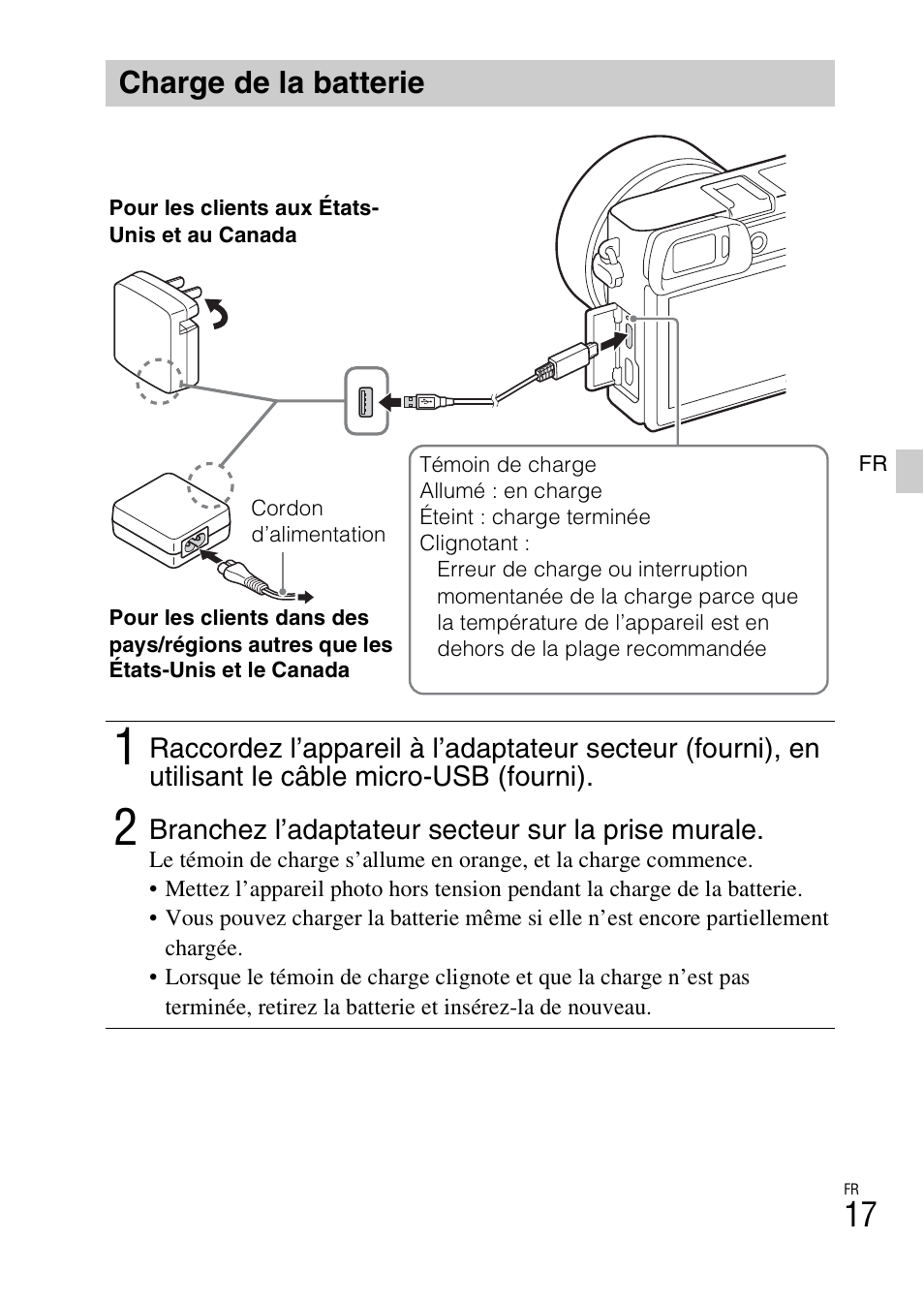 Charge de la batterie | Sony ILCE-6000L User Manual | Page 53 / 519