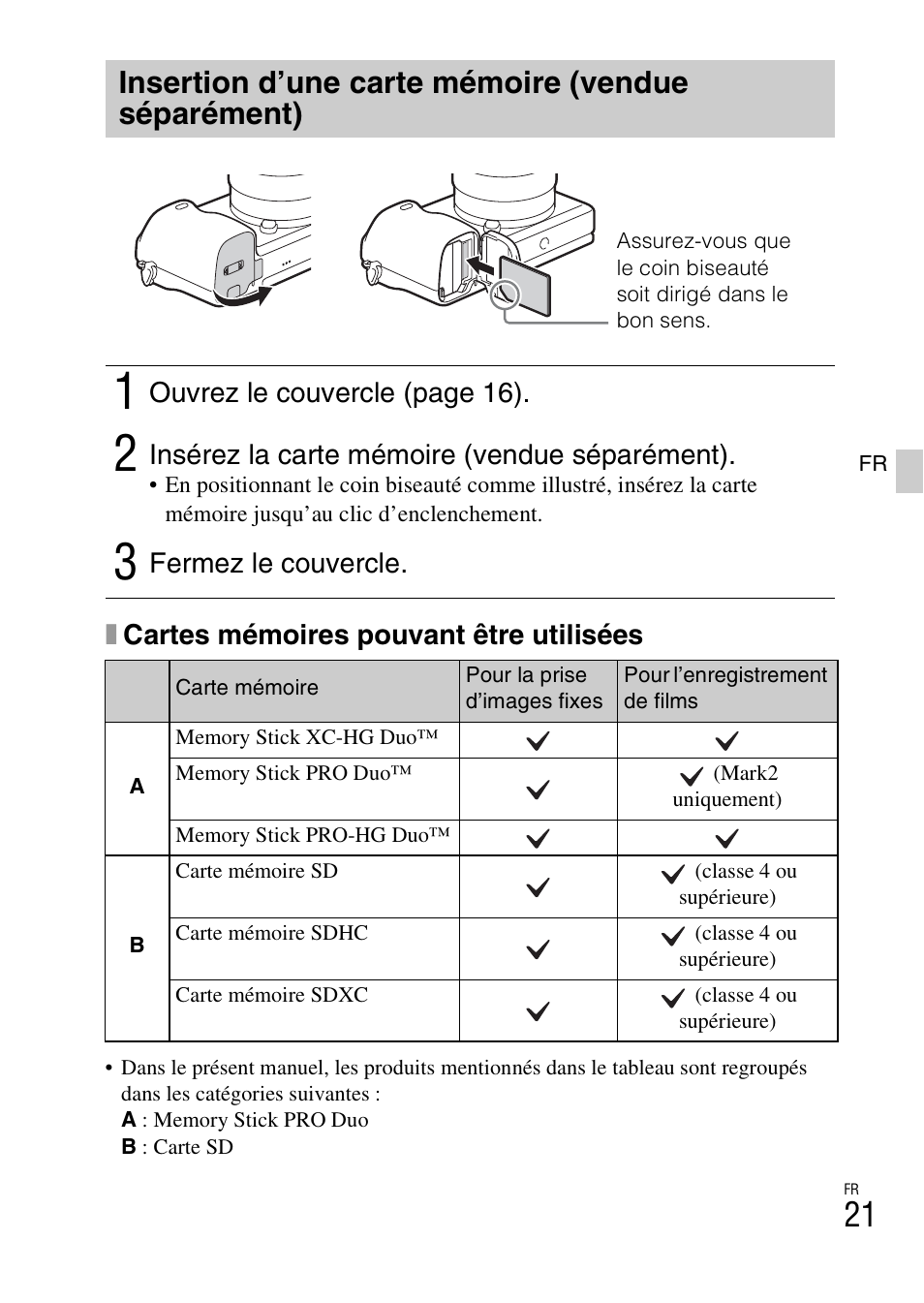 Insertion d’une carte mémoire (vendue séparément) | Sony ILCE-6000L User Manual | Page 57 / 519