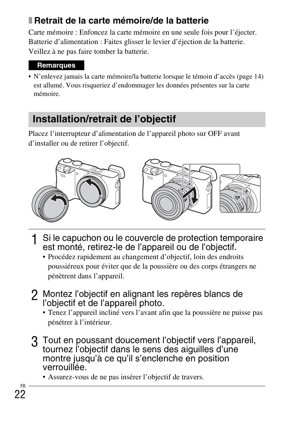 Installation/retrait de l’objectif | Sony ILCE-6000L User Manual | Page 58 / 519