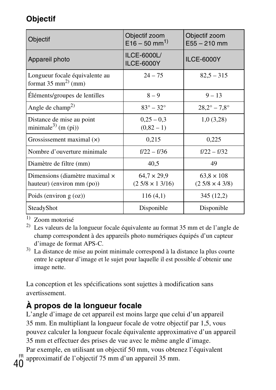 Objectif, À propos de la longueur focale | Sony ILCE-6000L User Manual | Page 76 / 519