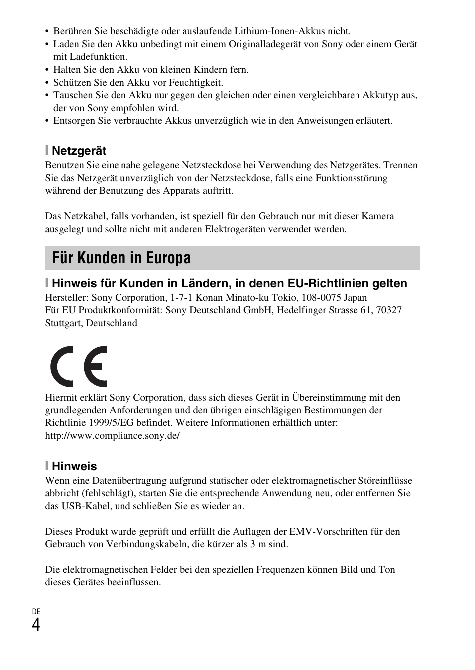 Für kunden in europa | Sony ILCE-6000L User Manual | Page 80 / 519