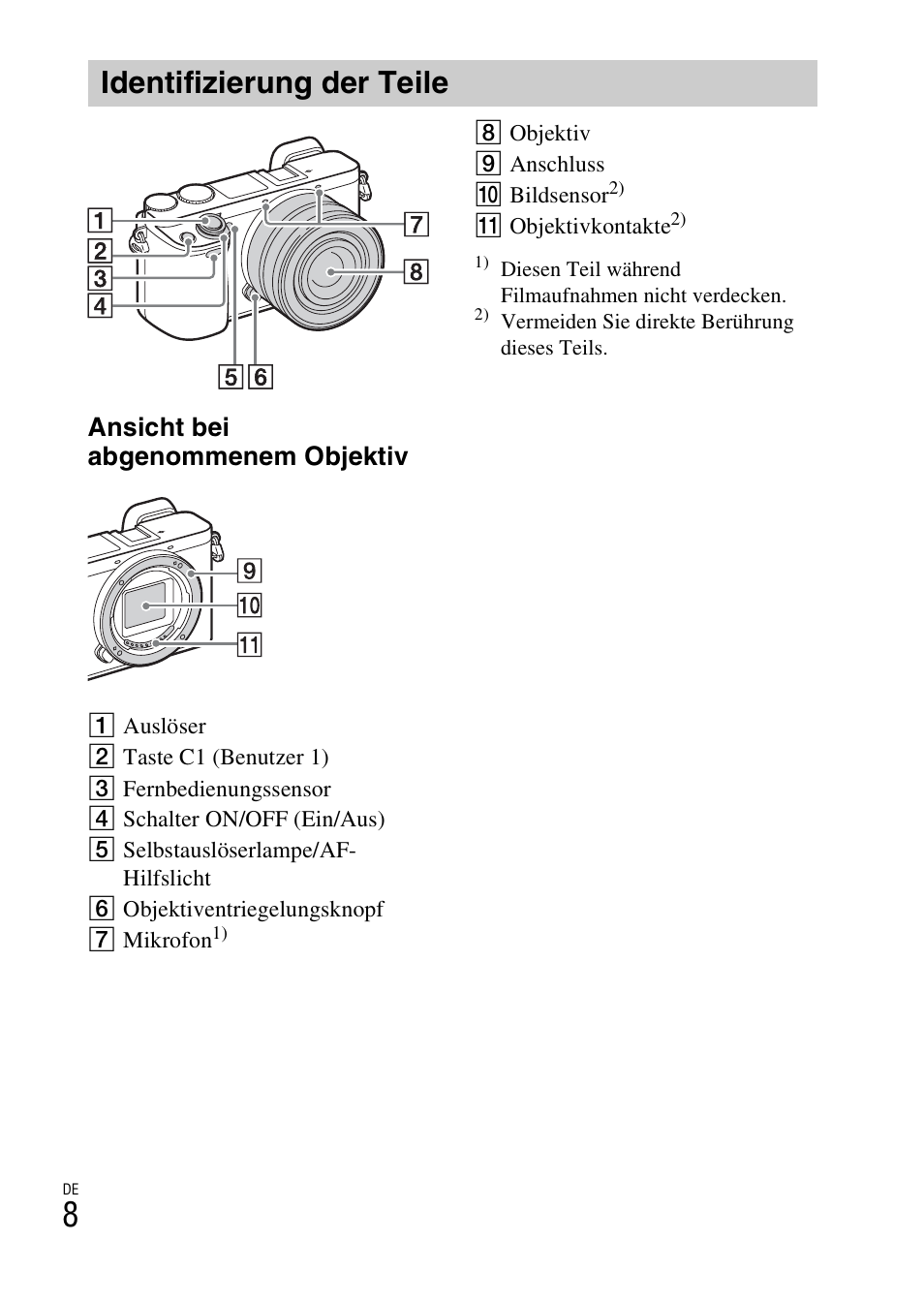 Identifizierung der teile, Ansicht bei abgenommenem objektiv | Sony ILCE-6000L User Manual | Page 84 / 519