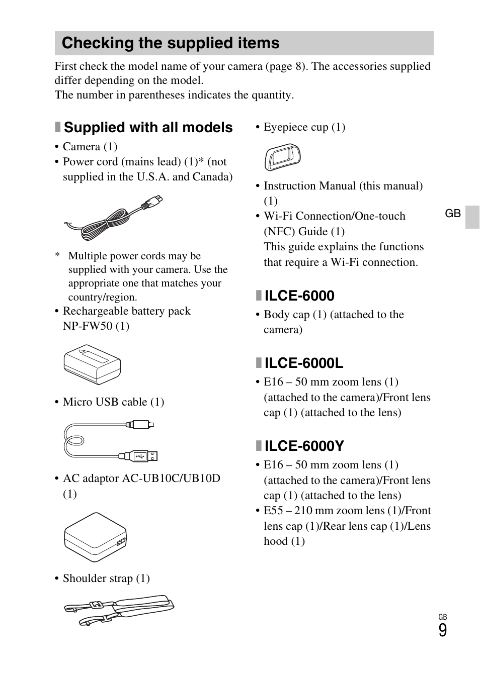 Checking the supplied items, P. 9, Xsupplied with all models | Xilce-6000, Xilce-6000l, Xilce-6000y | Sony ILCE-6000L User Manual | Page 9 / 519