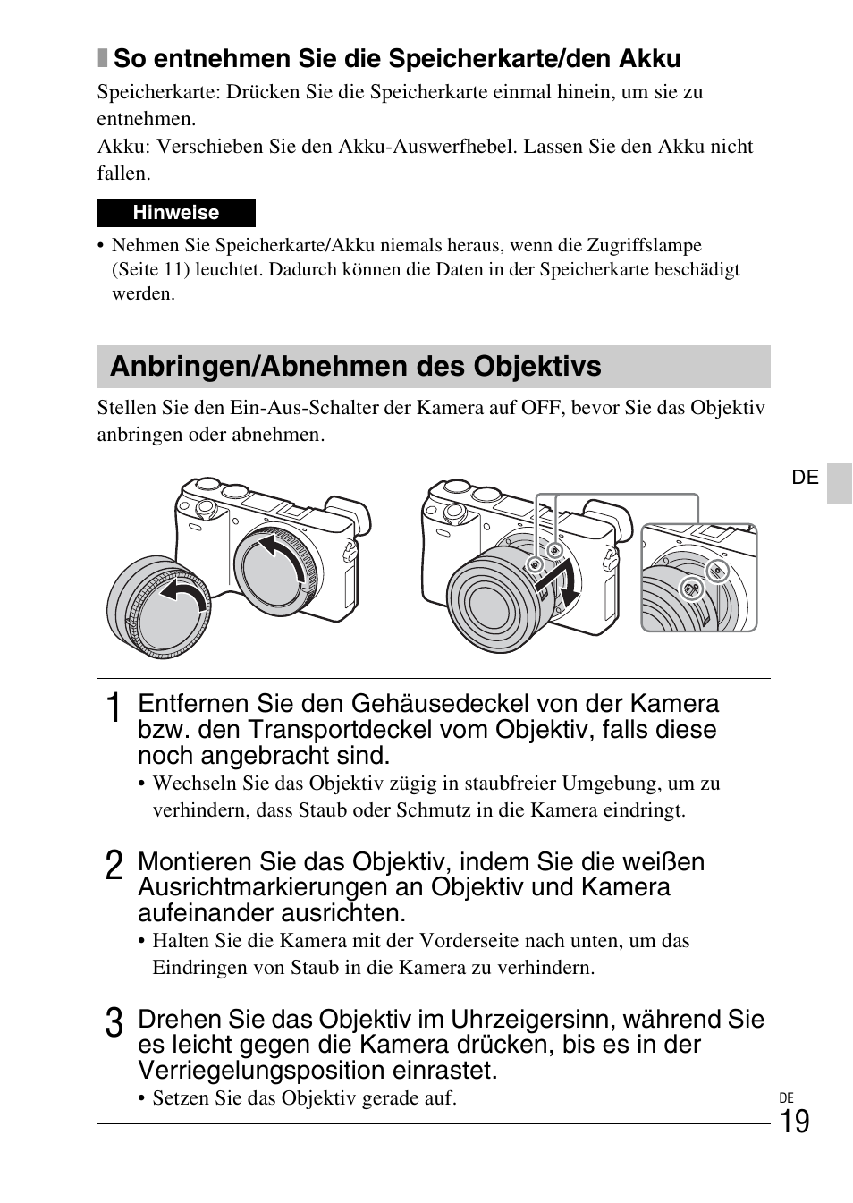 Anbringen/abnehmen des objektivs | Sony ILCE-6000L User Manual | Page 95 / 519