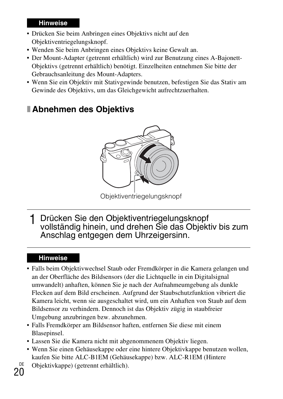 Xabnehmen des objektivs | Sony ILCE-6000L User Manual | Page 96 / 519