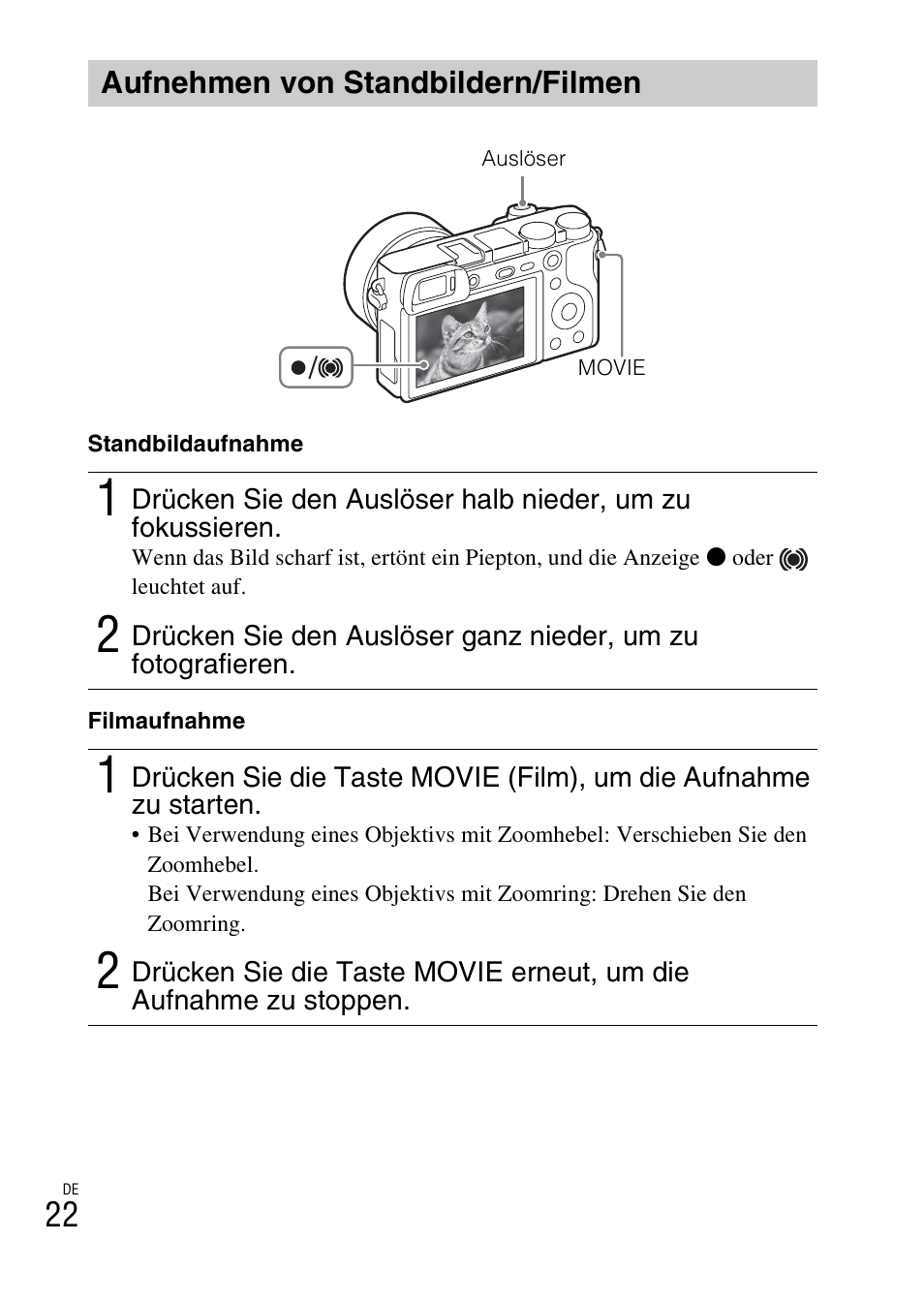 Aufnehmen von standbildern/filmen, Seite 22 | Sony ILCE-6000L User Manual | Page 98 / 519