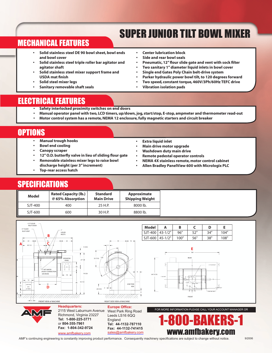 800-bakers-1, Super junior tilt bowl mixer, Mechanical features | Electrical features options, Specifications | AMF SJT-400 User Manual | Page 2 / 2