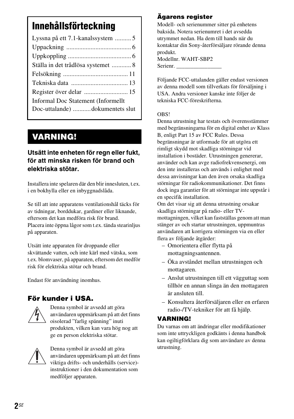 Varning, Innehållsförteckning | Sony WAHT-SBP2 User Manual | Page 106 / 140