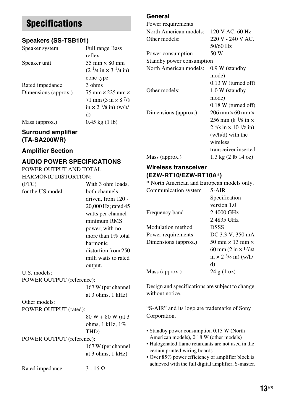 Specifications | Sony WAHT-SBP2 User Manual | Page 13 / 140