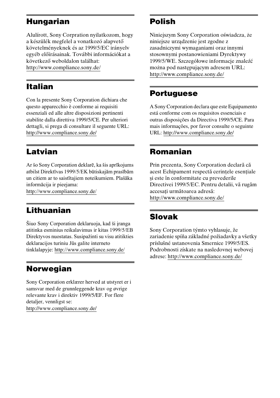 Hungarian, Italian, Latvian | Lithuanian, Norwegian, Polish, Portuguese, Romanian, Slovak | Sony WAHT-SBP2 User Manual | Page 136 / 140