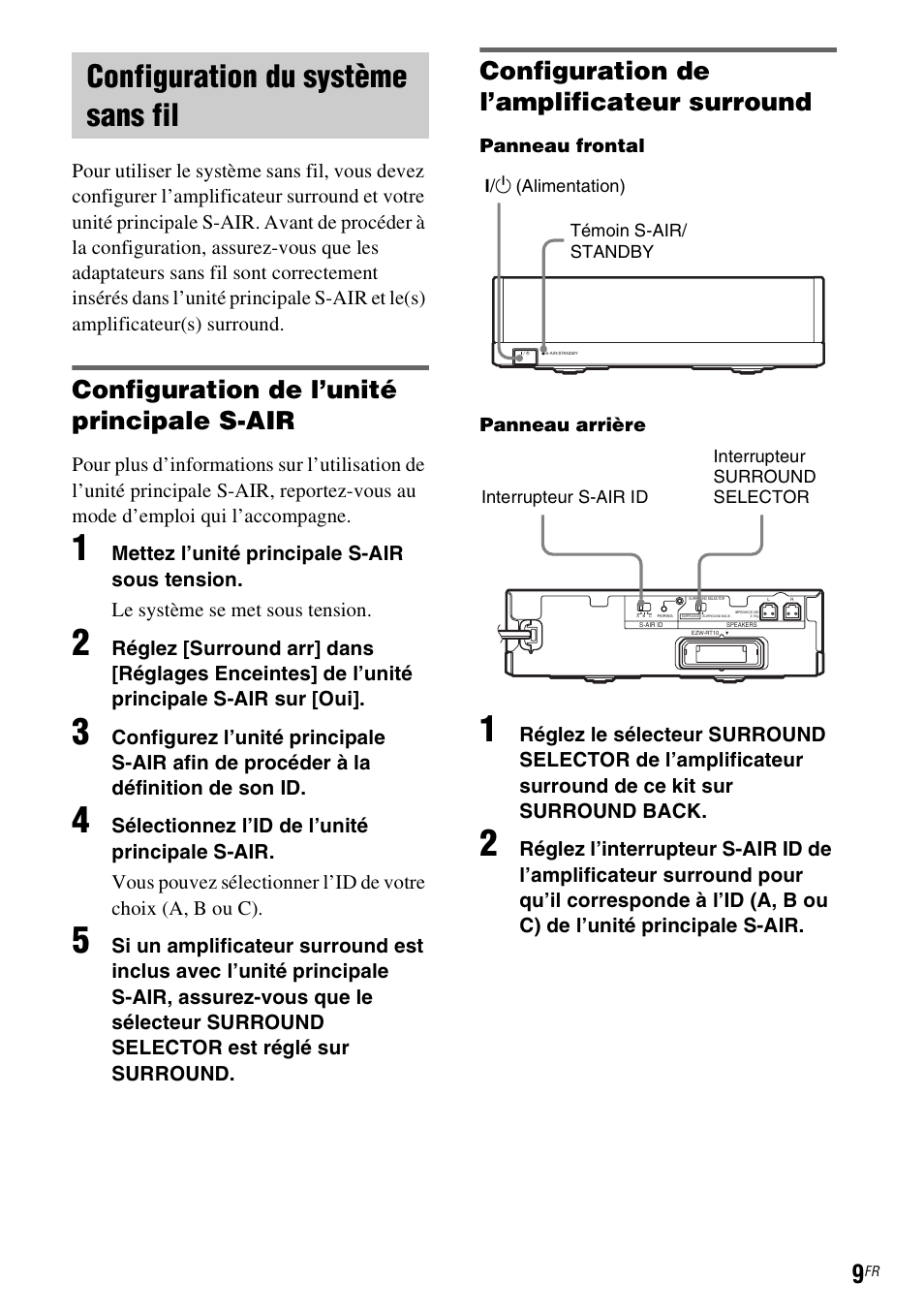 Configuration du système sans fil, Configuration de l’unité principale s-air, Configuration de l’amplificateur surround | Sony WAHT-SBP2 User Manual | Page 23 / 140