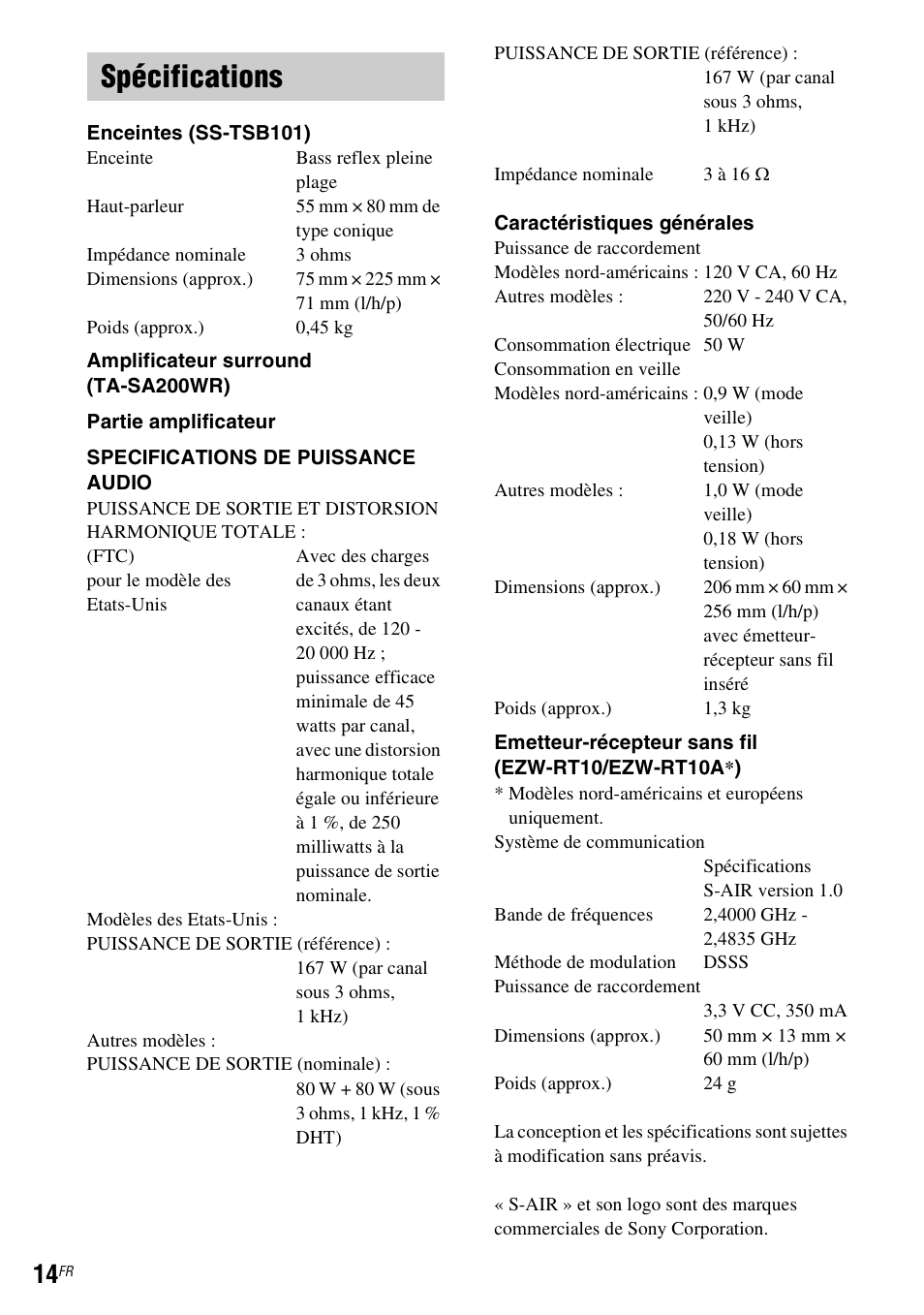 Spécifications | Sony WAHT-SBP2 User Manual | Page 28 / 140