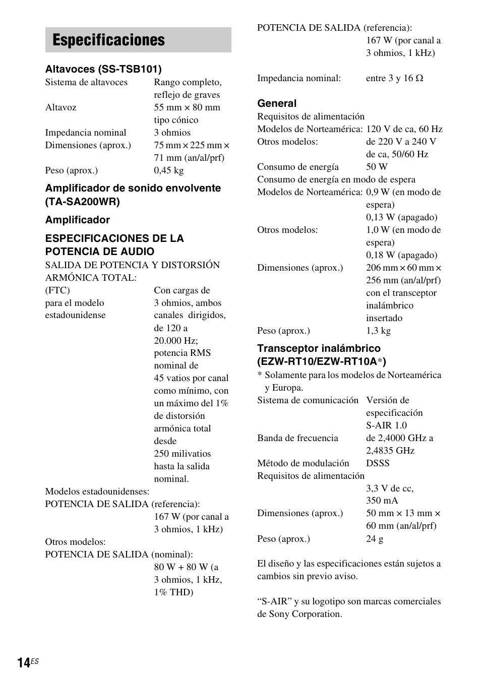 Especificaciones | Sony WAHT-SBP2 User Manual | Page 44 / 140