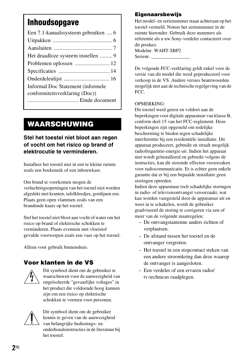 Waarschuwing, Inhoudsopgave | Sony WAHT-SBP2 User Manual | Page 76 / 140