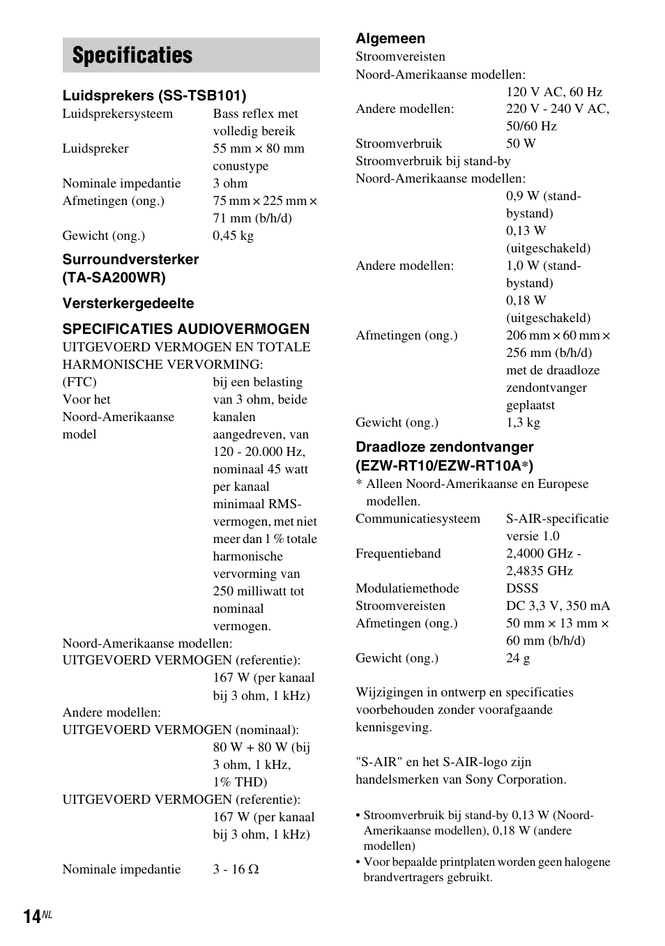 Specificaties | Sony WAHT-SBP2 User Manual | Page 88 / 140