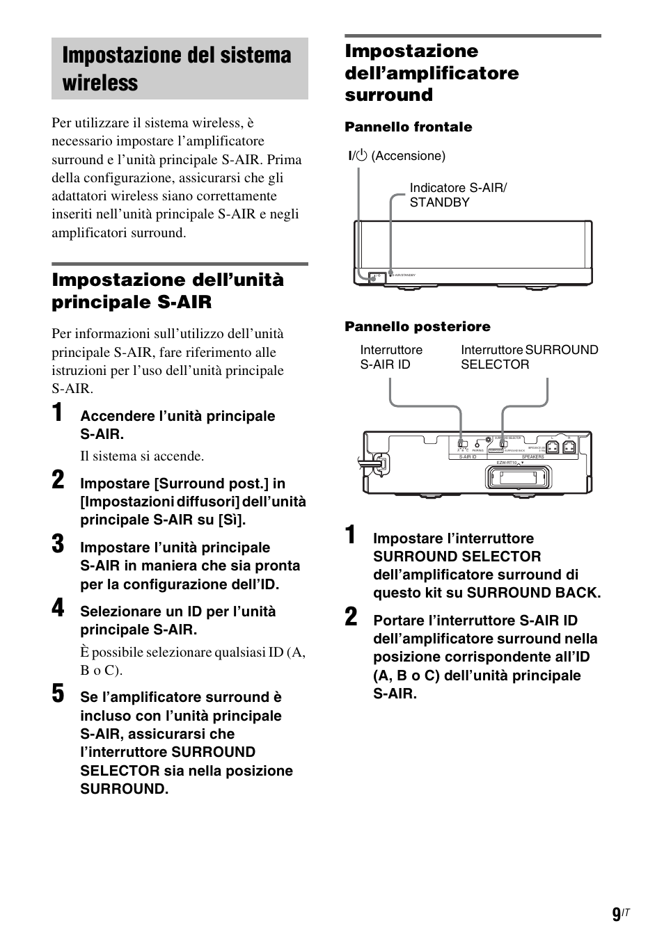 Impostazione del sistema wireless, Impostazione dell’unità principale s-air, Impostazione dell’amplificatore surround | Sony WAHT-SBP2 User Manual | Page 99 / 140