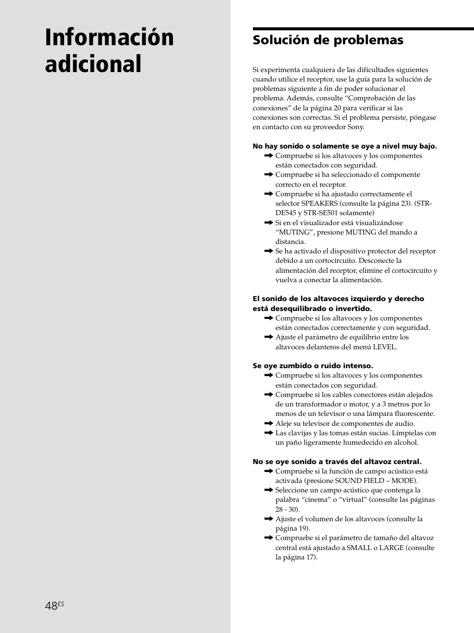 Información adicional, Solución de problemas | Sony STR-SE501 User Manual | Page 104 / 226
