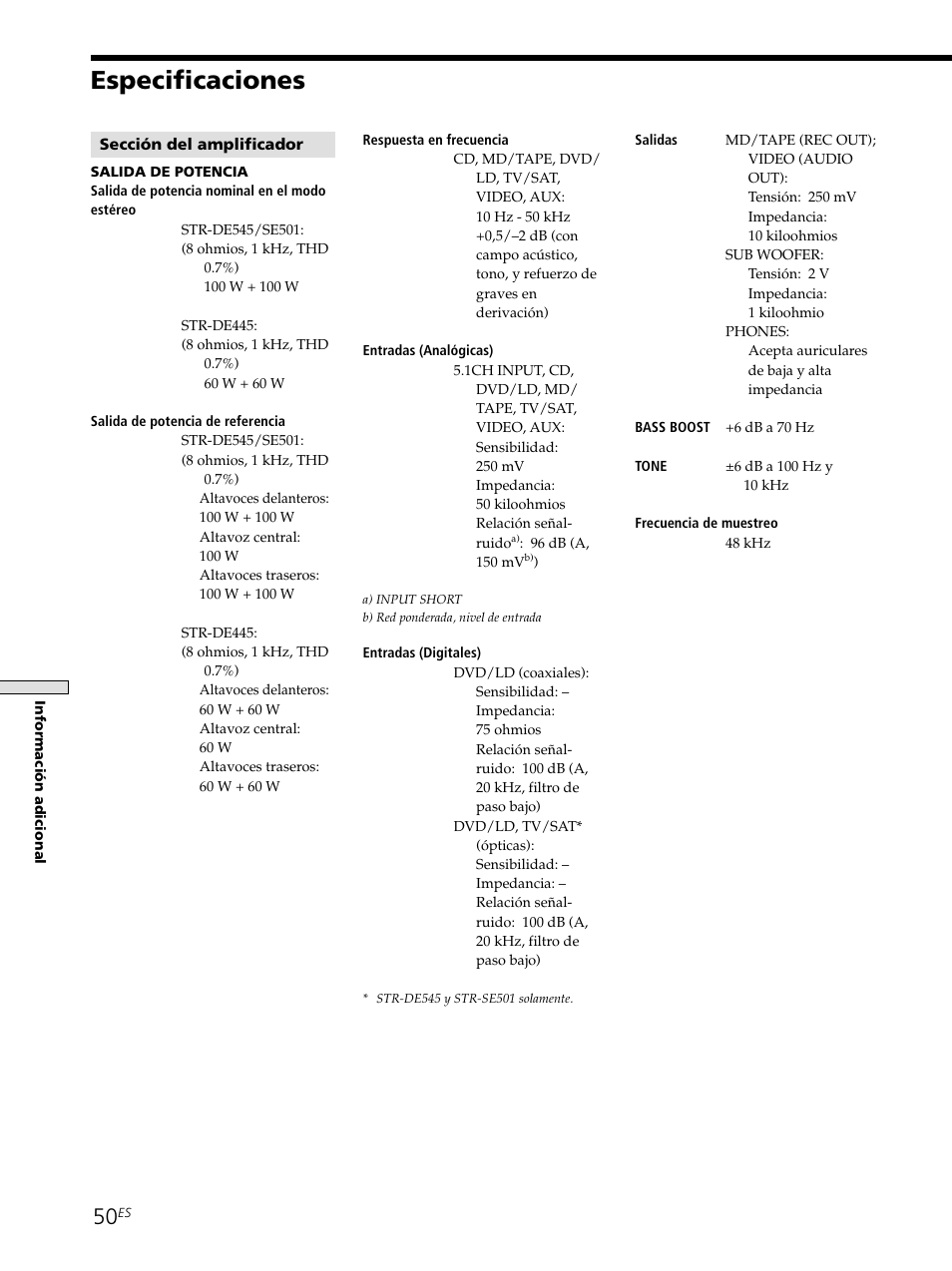 Especificaciones | Sony STR-SE501 User Manual | Page 106 / 226