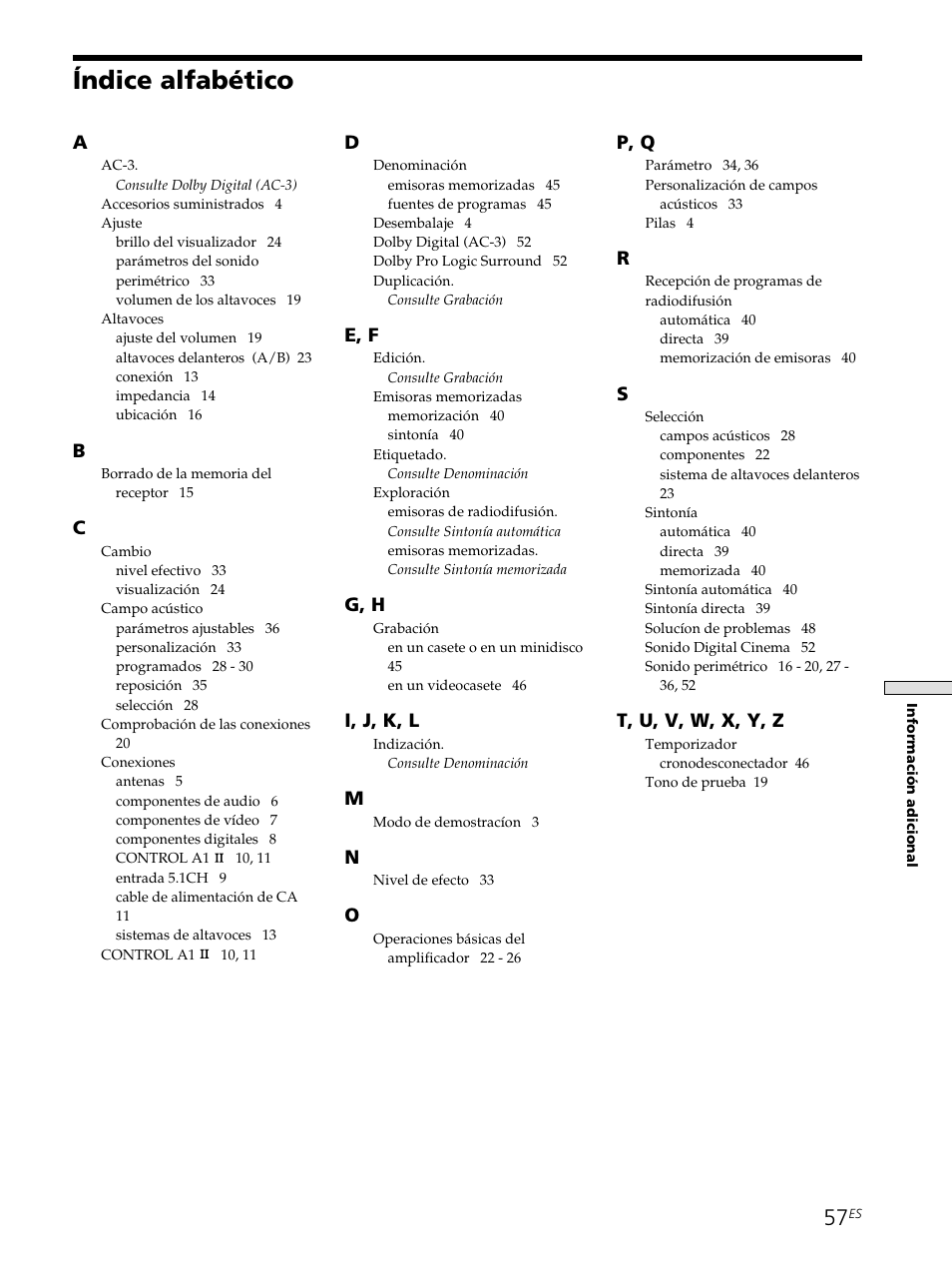 Índice alfabético, E, f, G, h | I, j, k, l, P, q, T, u, v, w, x, y, z | Sony STR-SE501 User Manual | Page 113 / 226