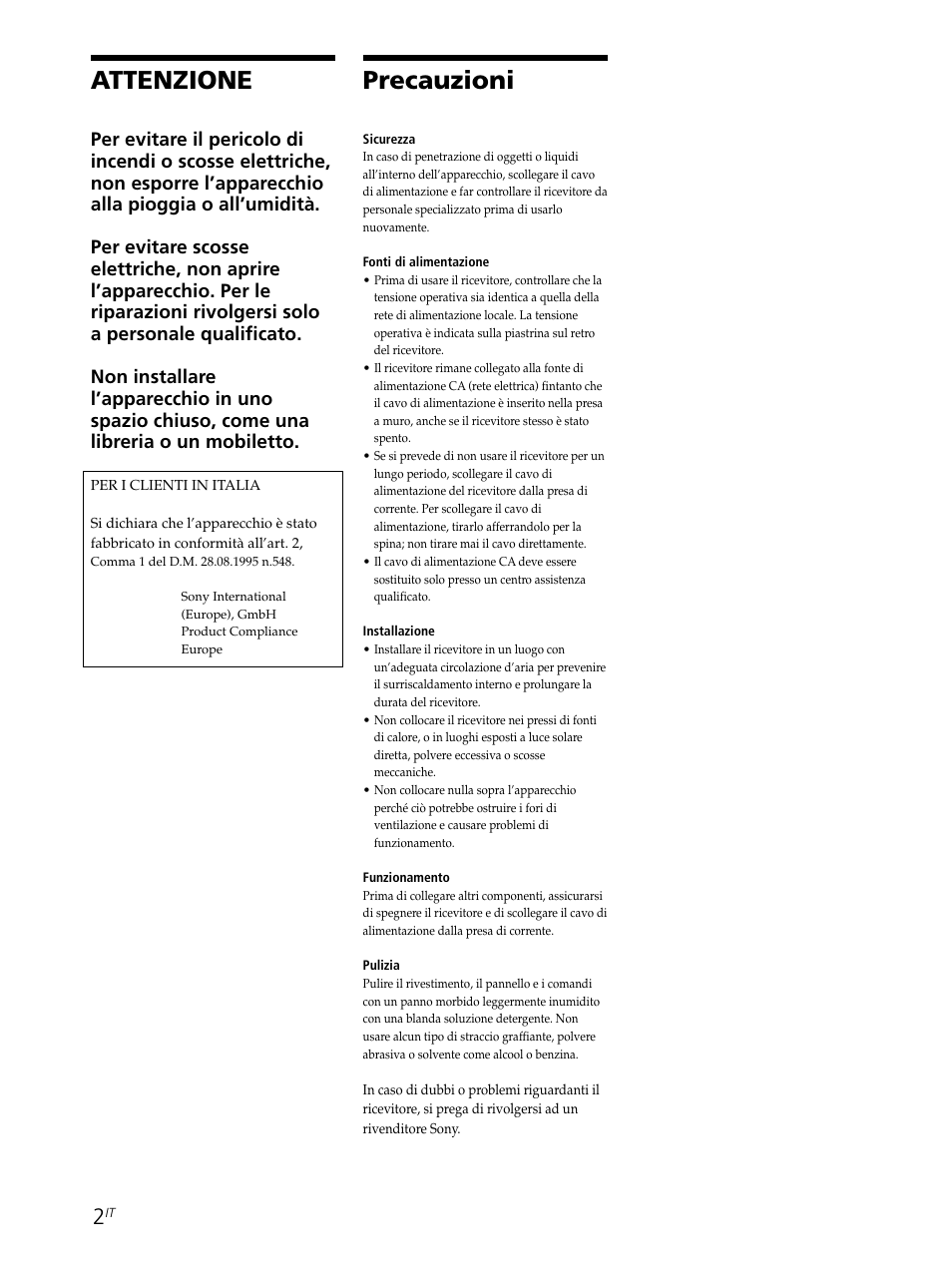 Attenzione, Precauzioni | Sony STR-SE501 User Manual | Page 114 / 226