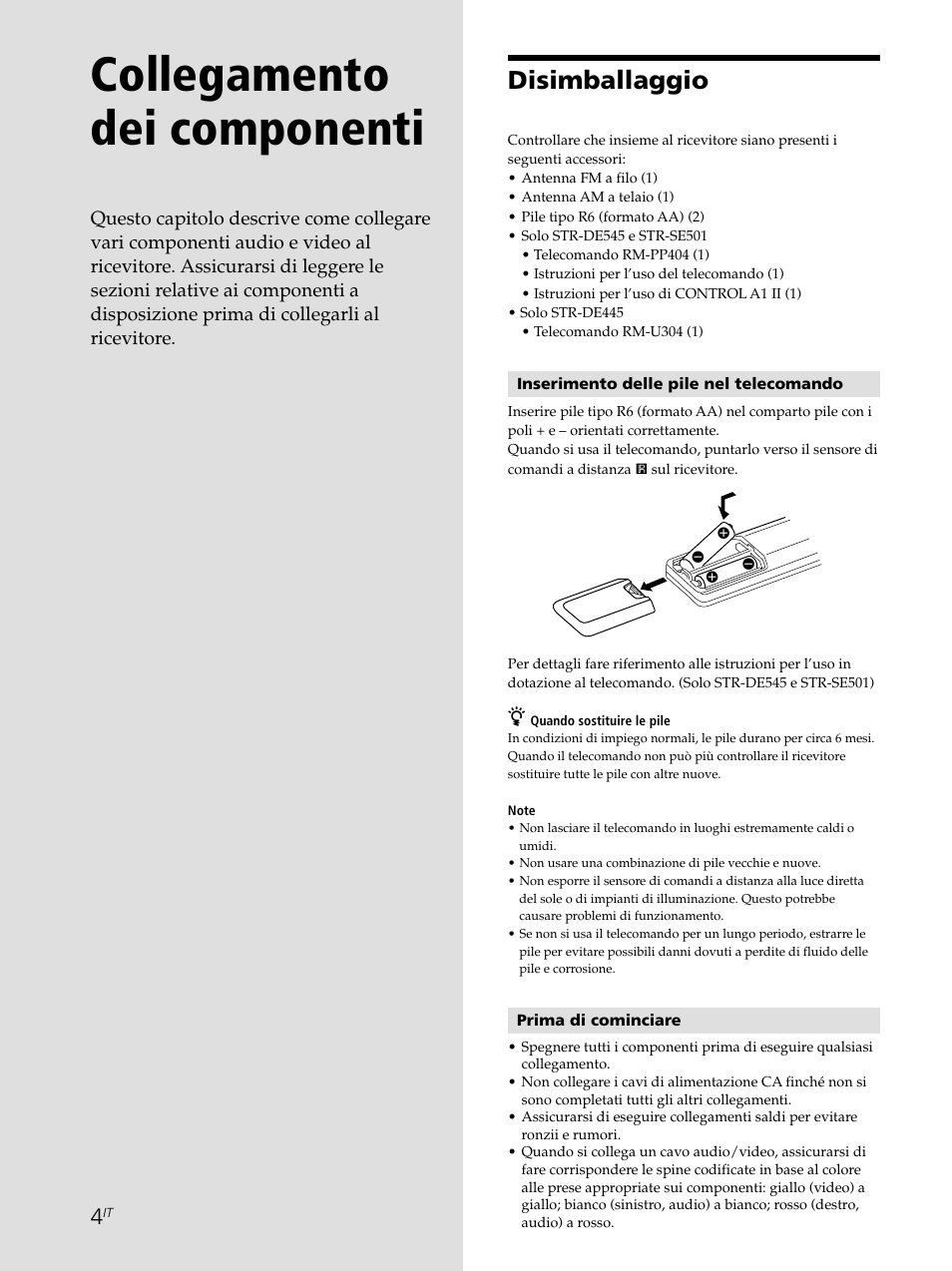 Collegamento dei componenti, Disimballaggio | Sony STR-SE501 User Manual | Page 116 / 226