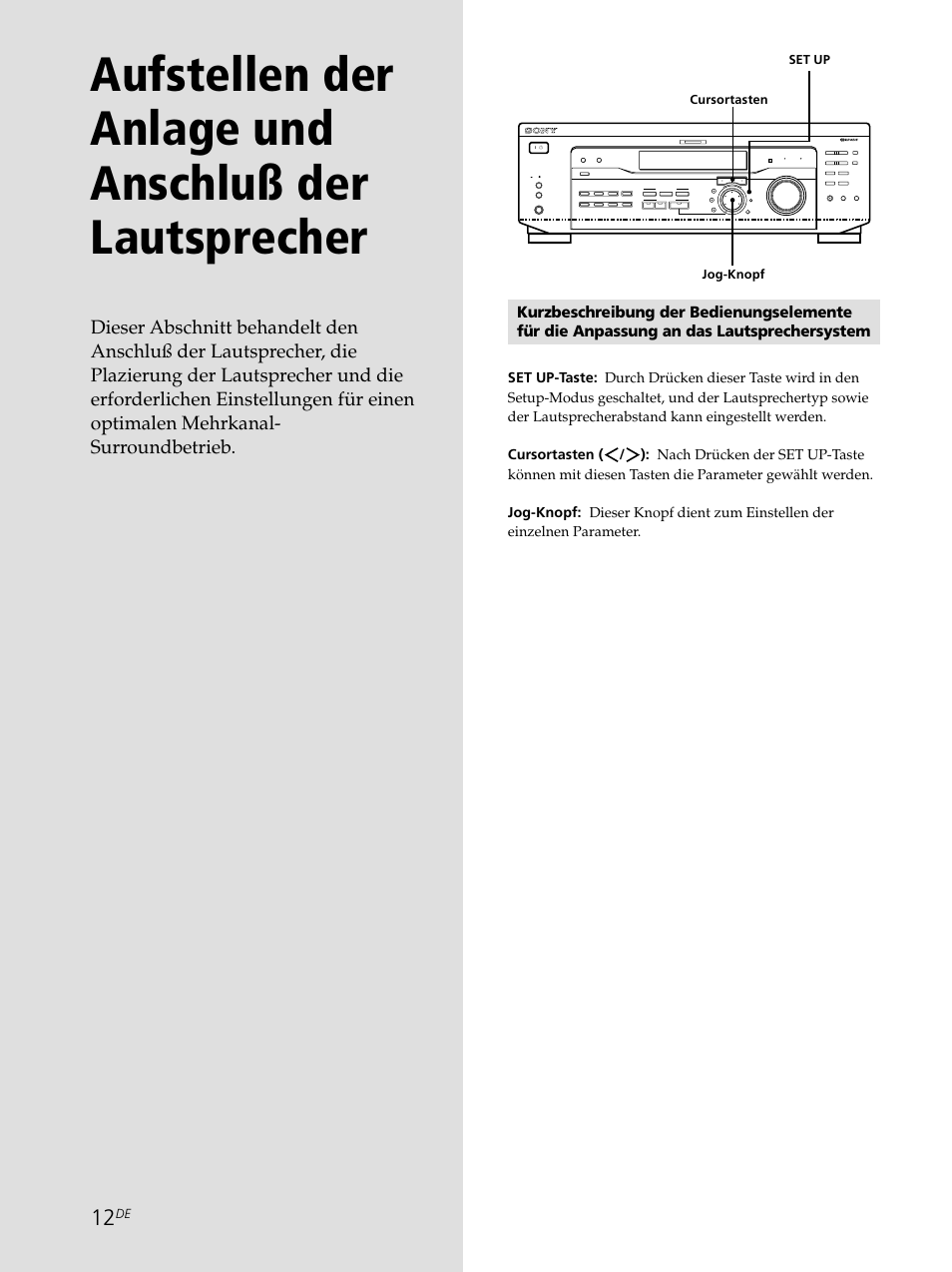 Cursortasten, Jog-knopf, Set up | Sony STR-SE501 User Manual | Page 12 / 226