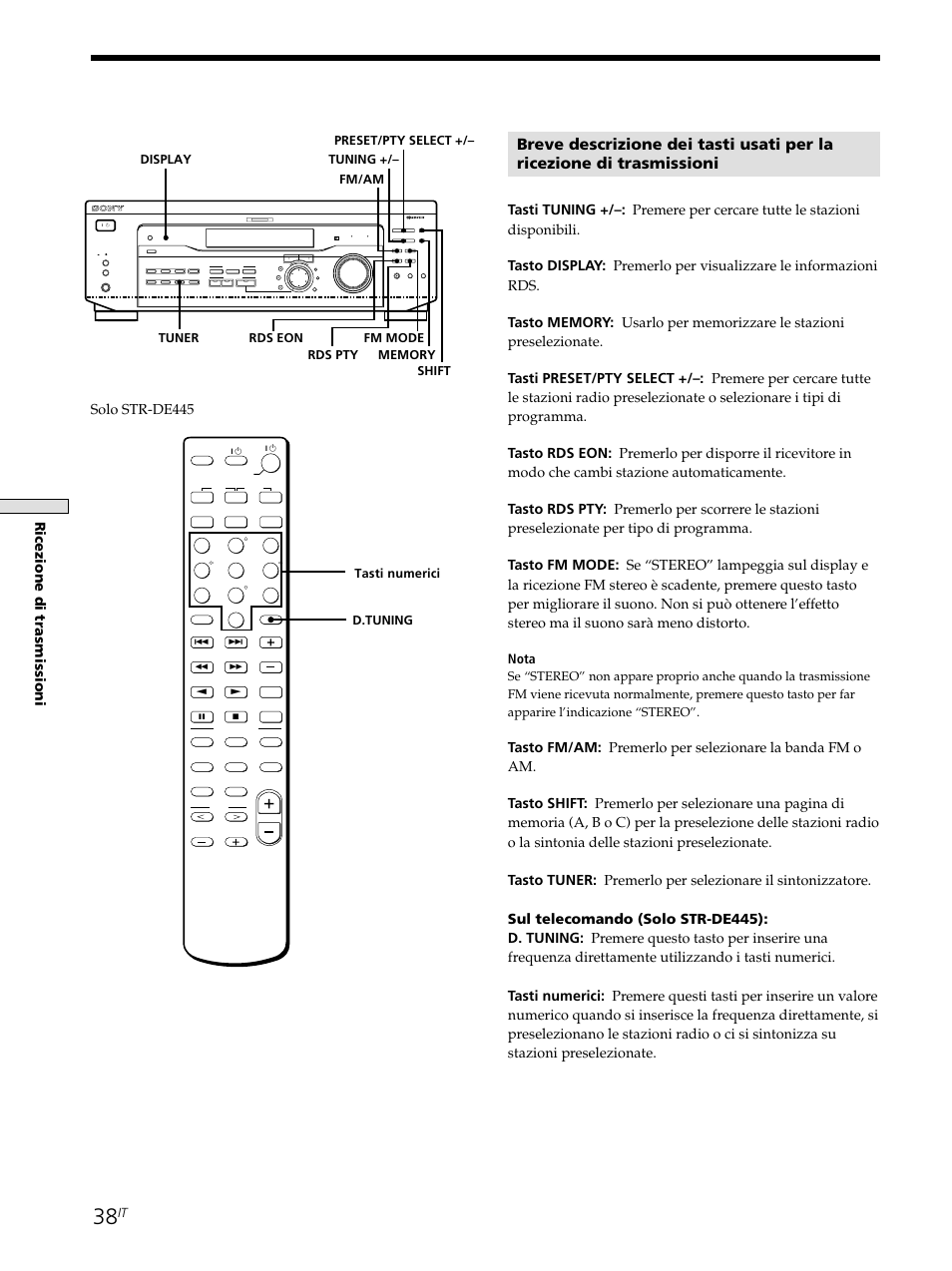 Ricezione di trasmissioni, Solo str-de445, Nota | Tasti numerici, D.tuning | Sony STR-SE501 User Manual | Page 150 / 226