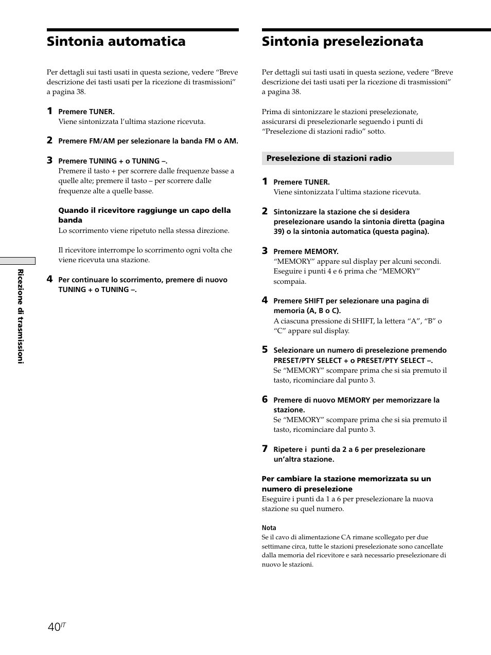 Sintonia preselezionata, Sintonia automatica | Sony STR-SE501 User Manual | Page 152 / 226