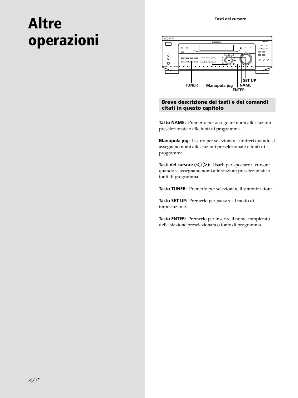 Altre operazioni, Manopola jog tasti del cursore, Tuner name set up enter | Sony STR-SE501 User Manual | Page 156 / 226