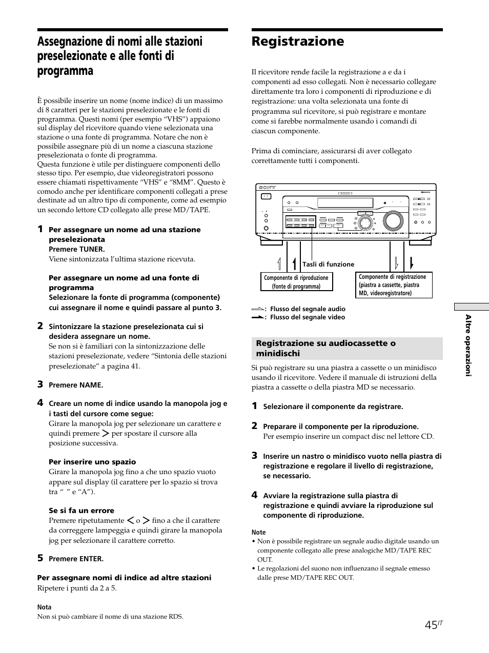 Registrazione, Registrazione su audiocassette o minidischi, Altr e operazioni | Premere name, Selezionare il componente da registrare, Nota | Sony STR-SE501 User Manual | Page 157 / 226