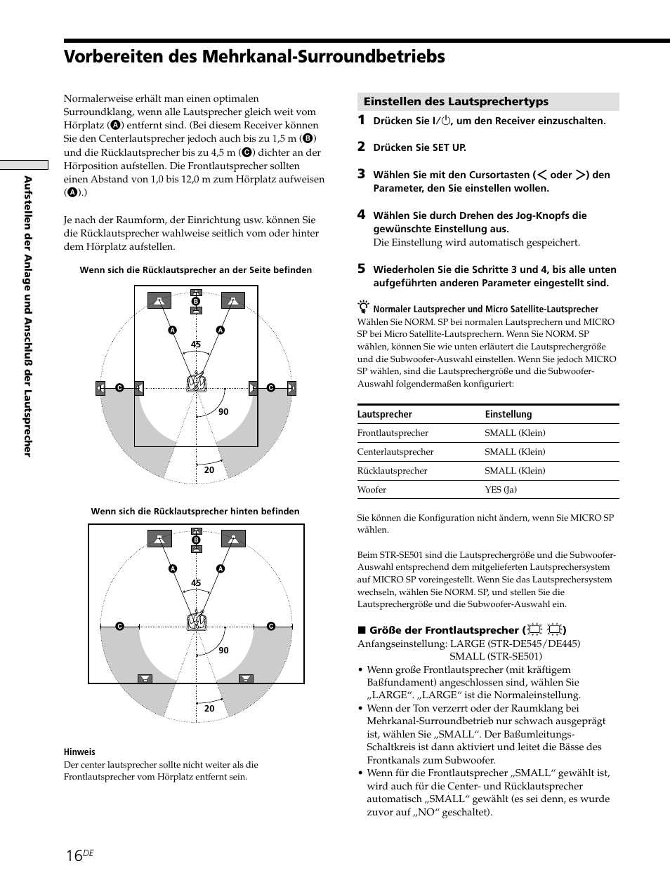 Vorbereiten des mehrkanal-surroundbetriebs | Sony STR-SE501 User Manual | Page 16 / 226