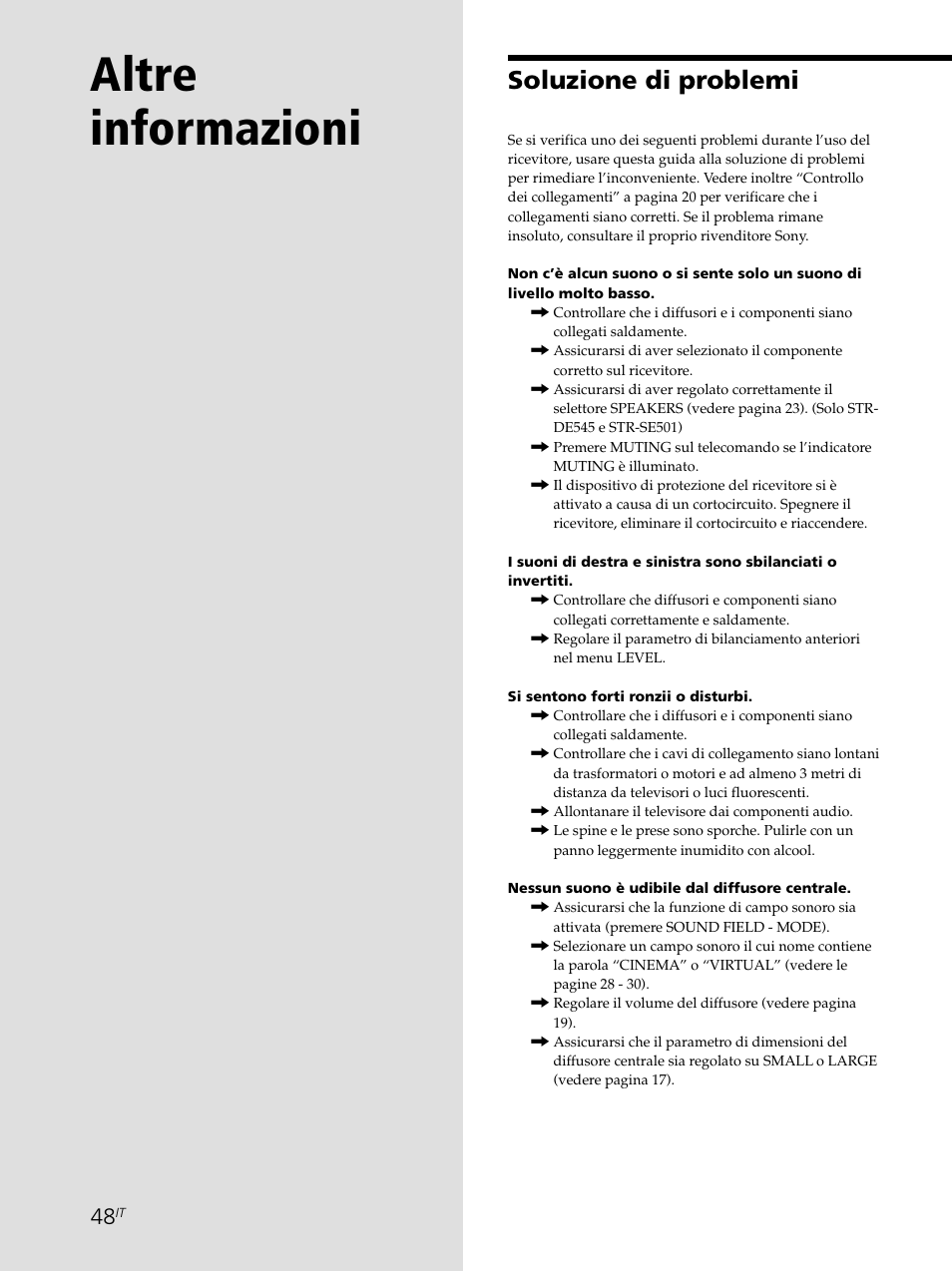 Altre informazioni, Soluzione di problemi | Sony STR-SE501 User Manual | Page 160 / 226