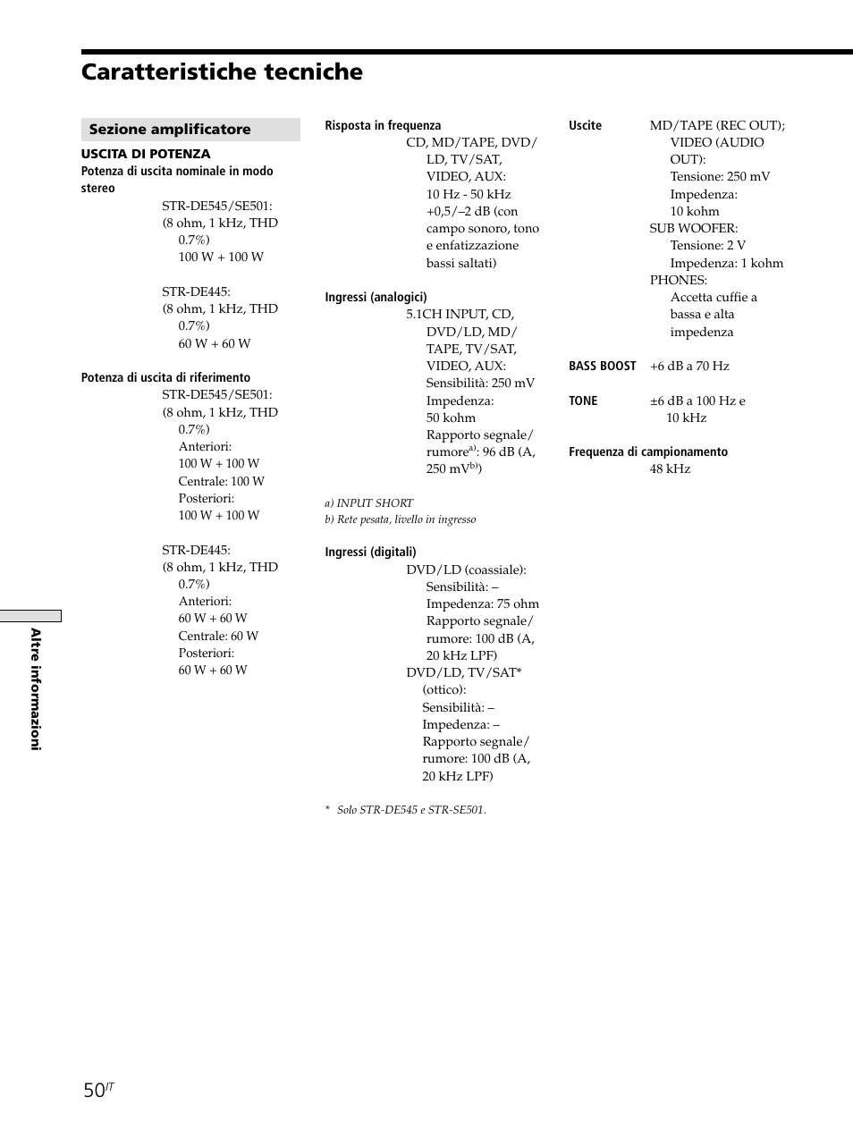 Caratteristiche tecniche | Sony STR-SE501 User Manual | Page 162 / 226