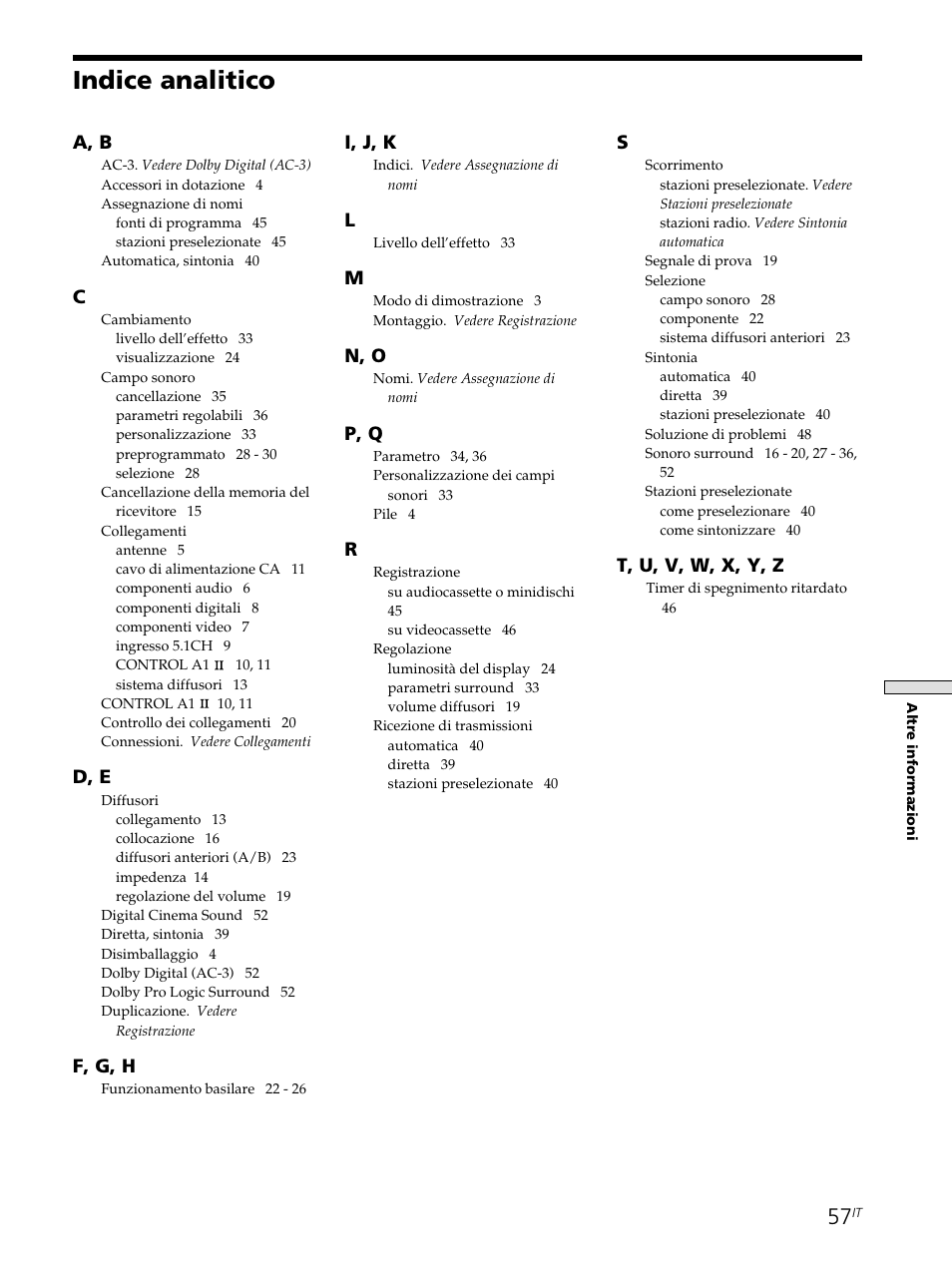Indice analitico, A, b, D, e | F, g, h, I, j, k, N, o, P, q, T, u, v, w, x, y, z | Sony STR-SE501 User Manual | Page 169 / 226