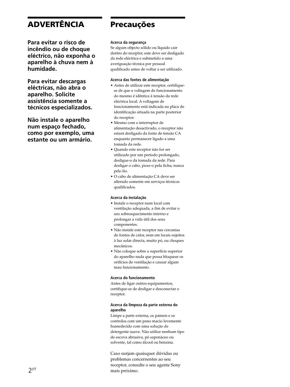 Advertência, Precauções | Sony STR-SE501 User Manual | Page 170 / 226